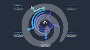 Arrows dark infographic with 5 elements template for web on a black background, business, presentation. Vector