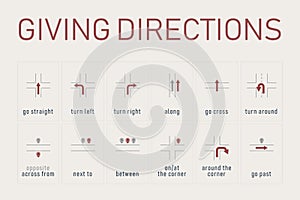 Arrows and Giving Directions. Vector Illustration of Different Arrow Signs Set. Educational English Grammar photo