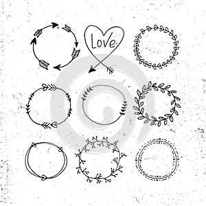 Arrows, hearts, ornament - handdrawn wedding decor elements in boho style. Vector collection.