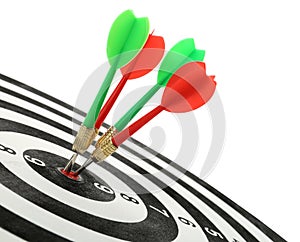 Arrows hitting target on dart board  white background photo