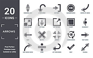 arrows icon set. include creative elements as horizontal split, curved left arrow, square, minimize, divide, back filled icons can