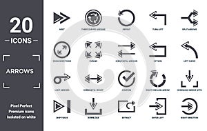 arrows icon set. include creative elements as next, split arrows, return, confirm, download, loop arrows filled icons can be used