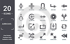 arrows icon set. include creative elements as vertical resize, left arrow, play button, looping arrow, shuffle, curved down left