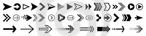 Arrows icons set, modern simple flat black vector pointer signs. Arrow icon set for forward click buttons, web design arrow