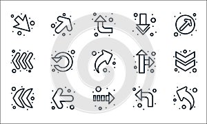 arrows line icons. linear set. quality vector line set such as arrow upward, arrow right, arrow left, upward, left turn, three