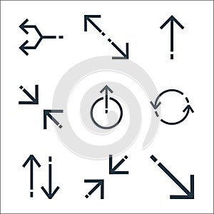 Arrows line icons. linear set. quality vector line set such as diagonal arrow, shrink, up down, synchronization, uploading, resize