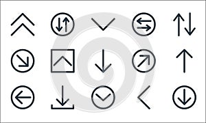 arrows line icons. linear set. quality vector line set such as down arrow, down chevron, back, left chevron, downloaded, right