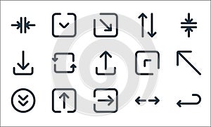 arrows line icons. linear set. quality vector line set such as return, right arrow, down arrow, resize, up arrow, down diagonal