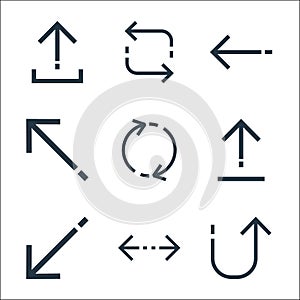 arrows line icons. linear set. quality vector line set such as returning, left right, diagonal arrow, upload, synchronizing,