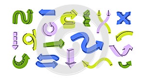 Arrows, points, design elements, actions and movement signs, pointers set. Pointing icons for direction, navigation in