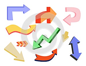 Arrows, points, design elements, actions and movement signs, pointers set. Pointing icons for