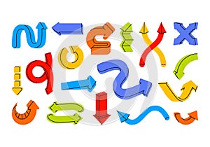 Arrows, points, design elements, actions and movement signs, pointers set.