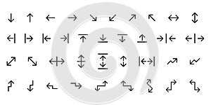 Arrows set. Black navigation cursor icons. Isolated collection of direction arrows. Left and right pointer. Download and upload