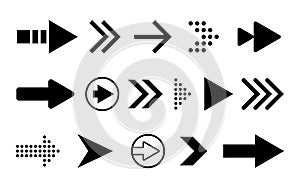 Arrows set icons. Black arrow on white backdrop. Simple pointer right direction. Motion icon for app, website or