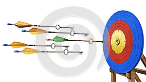 Arrows with silver key instead of arrowhead are flying to the archery target with lock in it.