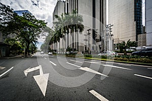 Arrows and skyscrapers along Makati Avenue, in Makati, Metro Man