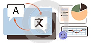 Language Translation and Data Analytics Concept with Arrows and Charts