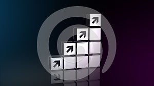 Arrows on stacked digital cubes symbolize positive development on black clean background. Increasing sales, prices