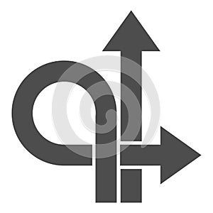 Arrows straight and turn back solid icon, Traffic concept, U-turn sign on white background, Go straight or turn back