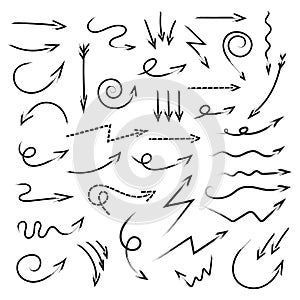 Arrows texture brush icon set of simple hand drawn arrows. Vector elements isolate on white