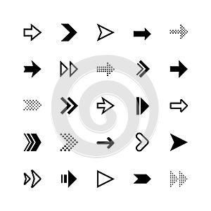 Arrows vector icon set. Cursor. A collection of black arrows for navigation or loading web buttons. Modern simple arrows