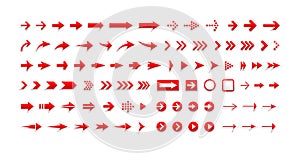 Arrows vector icons set, right pointers pack. Next, forward, previous buttons red signs bundle. Cursors pictograms photo