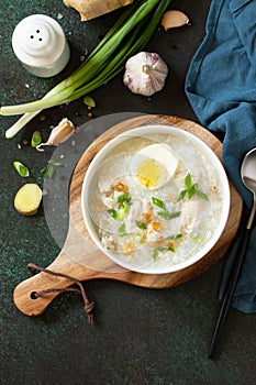 Arroz Caldo Soup. Hot soup with ginger chicken rice and garlic.