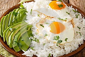 Arroz con huevo frito is white rice and a fried egg close up in the plate. Horizontal photo
