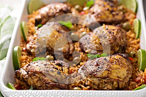 Arroz con pollo in a baking dish