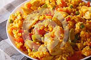 Arroz con pollo - rice with chicken and vegetables closeup. horizontal