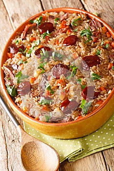 Arroz de Pato Portuguese Style Duck Rice with onion, carrot and chorizo close up in the baking dish. Vertical photo