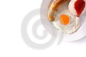 Arroz a la cubana.Typical Cuban rice with fried banana and fried egg on a plate isolated on white background.