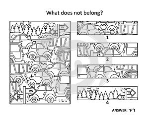 ?ars and trucks on the road. Visual puzzle or picture riddle: What does not belong?