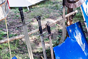 Arsenal of Medieval Knight: Swords and Shield on Wooden Stand