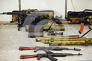 Arsenal of weapons. Anti-tank missile system, Kalashnikov assault rifles, machine guns