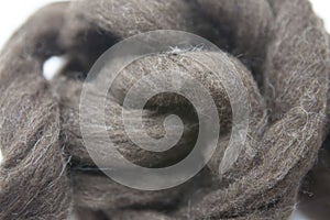 Arsenic gray piece of Australian sheep wool Merino breed close-up on a white background