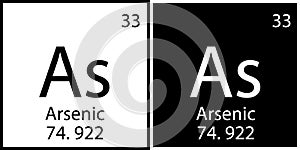 Arsenic symbol. Mendeleev table. Flat symbol. Periodic element icon. White and black. Vector illustration. Stock image.