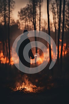 arson pyromaniacs giving fire to forest at sunset, smoke and fire getting bigger and taller.