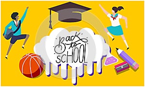 ArtBoy and girl with school components on abstract background