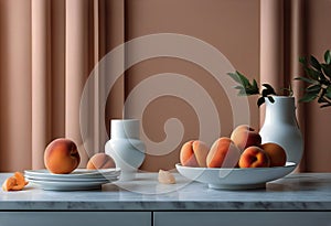 art 2024 color Minimalist wall table ning marble cozy colorful trend Modern peach apricot fuzz mockup scene details stylish