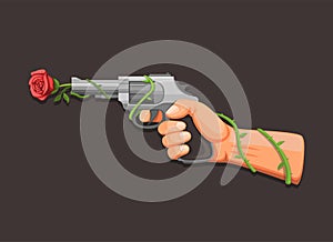 Gun flower, hand holding revolver with rose symbol concept in cartoon  illustration vector on dark background