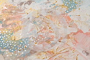 Art Abstract  acrylic and watercolor  smear blot painting. Beige, pink and gold Color canvas texture horizontal background