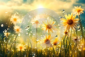Art abstract background summer flower in grass with water drops on sun sky