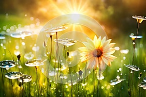 Abstract background summer flower in grass with water drops on sun sky