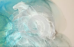 Art Abstract blue and pearl white glitter watercolor interior background. Marble texture. Alcohol ink