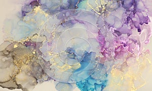 Art Abstract blue, violet and gold glitter color horizontal background. Marble texture. Alcohol ink