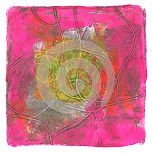 Art Abstract color acrylic and watercolor square monotype smear painting. Gel printing plate. Canvas stain texture background.