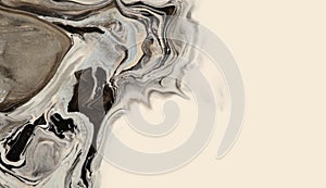 Art Abstract grain flow pour acrylic, ink and watercolor marble painting wall. Beige and black color wave texture blot background