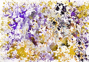 Art abstract grunge textured background with blue, violet, brown and golden blots. Texture of watercolor spray. Hand painted.