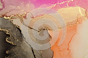 Art Abstract painting blots horizontal background. Alcohol ink black, pink and gold colors. Marble texture